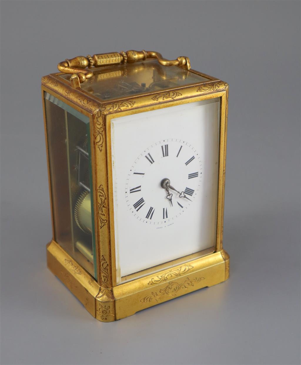 Jules, Paris. A mid 19th French engraved brass eight day striking carriage clock, height 5.5in.